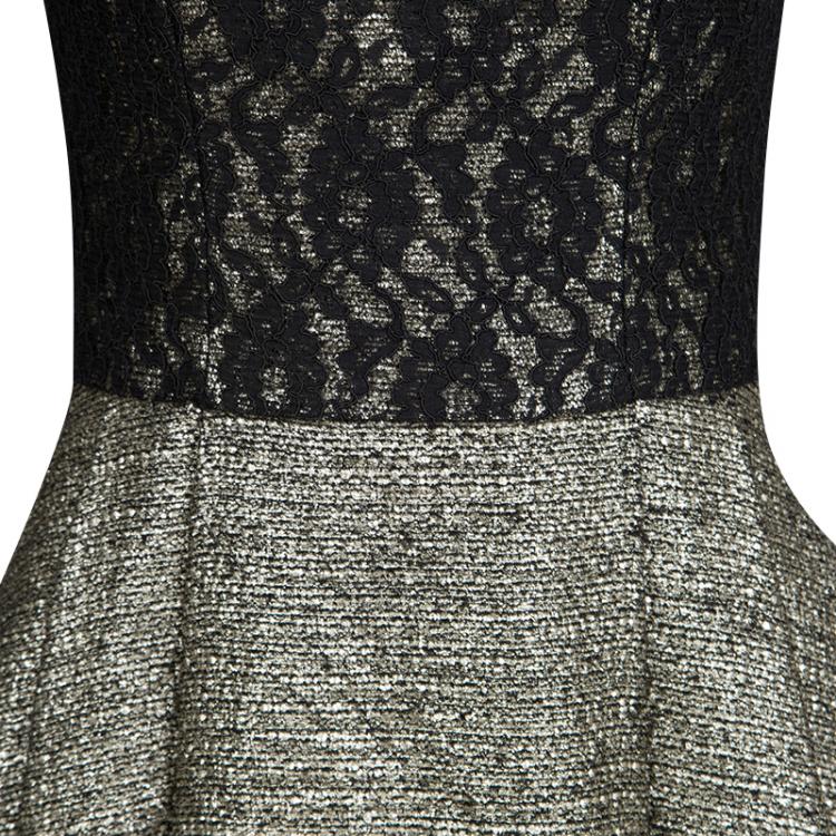 Pre Owned ML By Monique Lhuillier Metallic Lace Detail Sleeveless Fit and Flare Dress S
