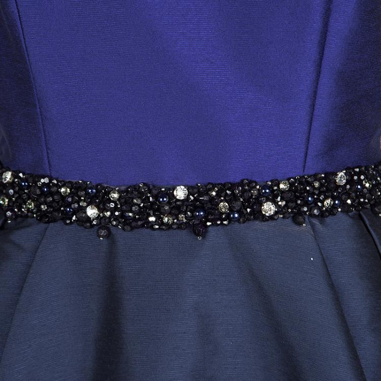 Pre Owned ML Monique Lhuillier Blue Cross Back Detail Embellished Gown M