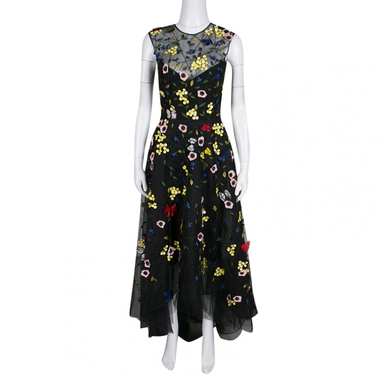 Pre Owned Monique Lhuillier Black Floral and Butterfly Applique High Low Tulle Gown S 