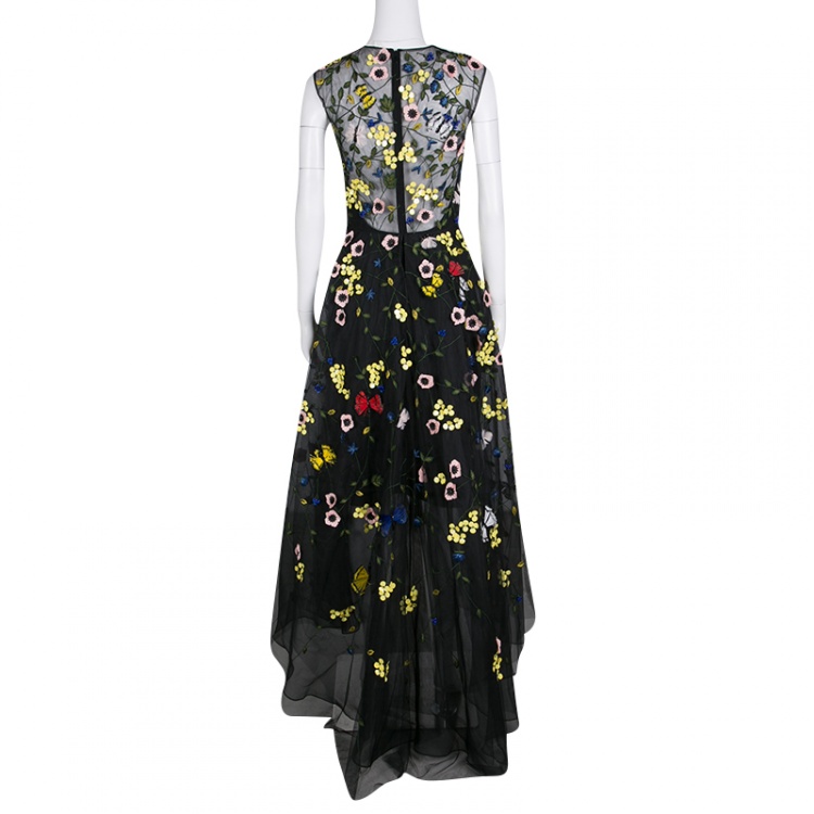 Pre Owned Monique Lhuillier Black Floral and Butterfly Applique High Low Tulle Gown S 