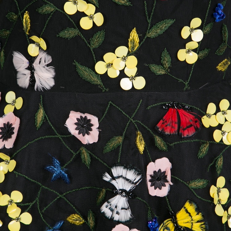 Pre Owned Monique Lhuillier Black Floral and Butterfly Applique High Low Tulle Gown S 