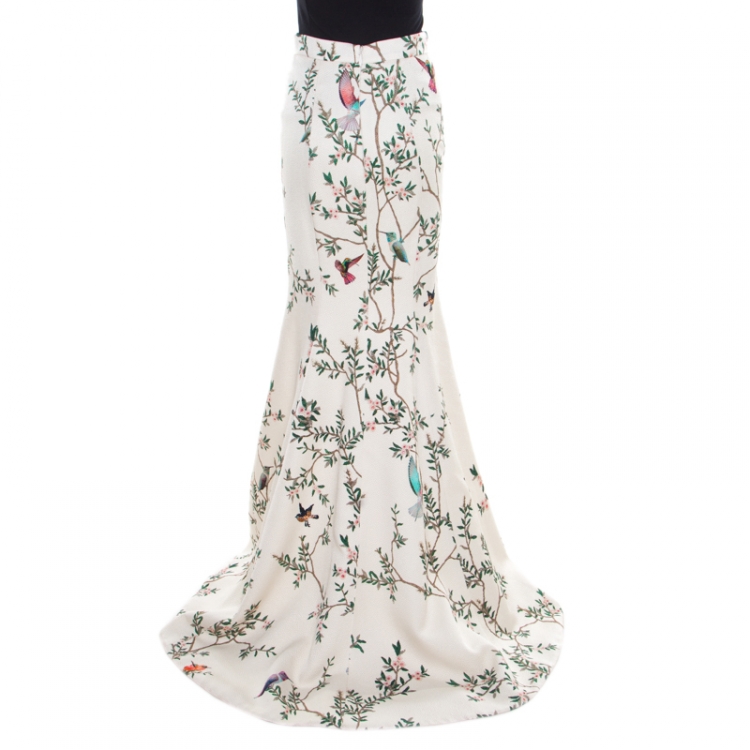 Pre Owned Monique Lhuillier Collection Off White Pebbled Jacquard Bird Print Maxi Skirt M