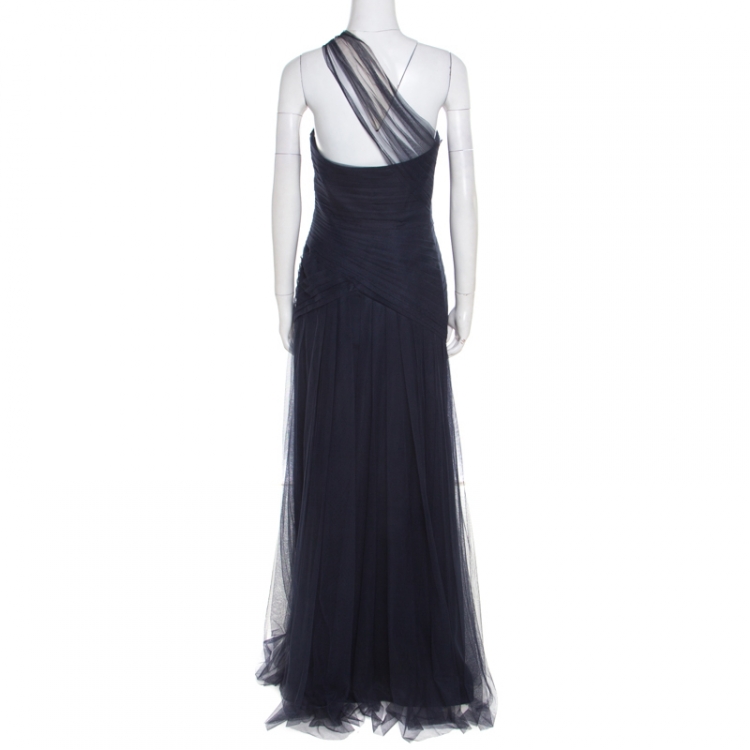 Pre Owned Monique Lhuillier Bridesmaids Navy Blue Draped Tulle One Shoulder Gown M