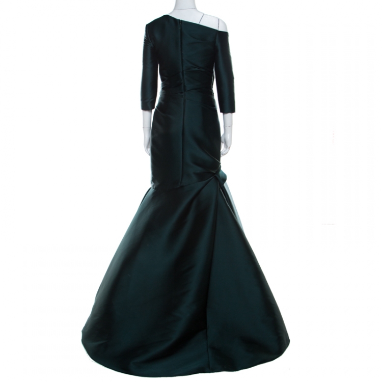 Pre Owned Monique Lhuillier Emerald Green Silk Satin Asymmetric Sleeve Evening Gown M 