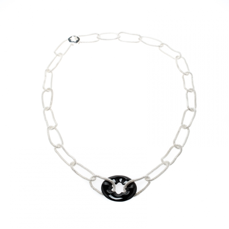 Pre Owned Montblanc Star Collection Onyx & Silver Chain Link Long Necklace