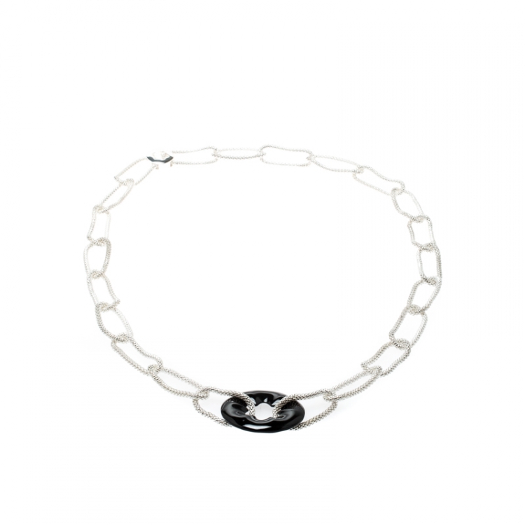 Pre Owned Montblanc Star Collection Onyx & Silver Chain Link Long Necklace