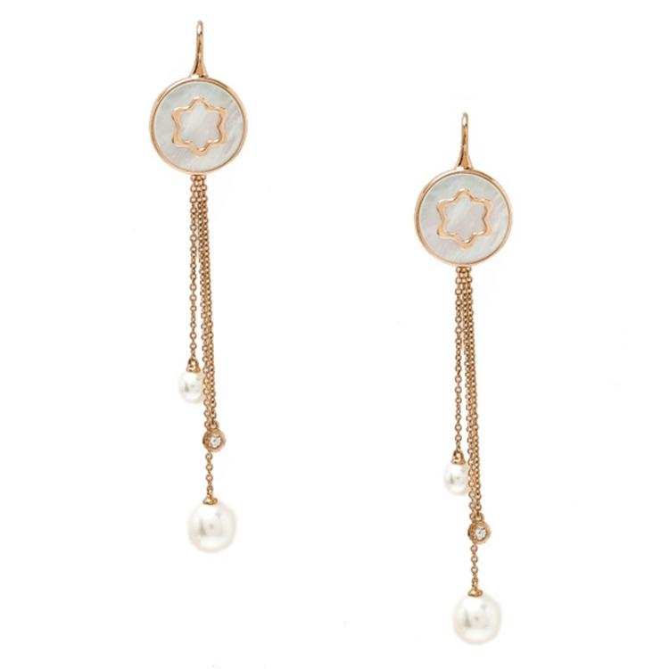 Pre Owned Montblanc Mother of Pearl Diamond 18k Rose Gold Drop Tassel Earrings