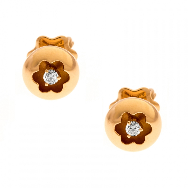 Pre Owned Montblanc Logo Diamond 18k Rose Gold Round Stud Earrings 
