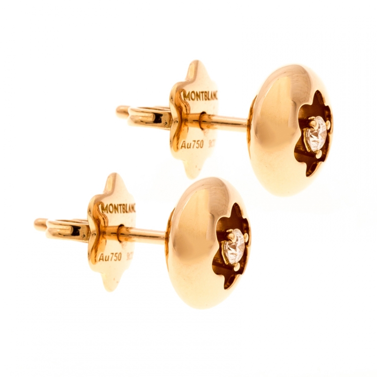 Pre Owned Montblanc Logo Diamond 18k Rose Gold Round Stud Earrings 