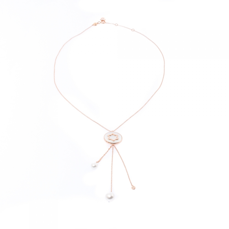 Pre Owned Montblanc Signet Mother of Pearl Diamond 18k Rose Gold Tassel Pendant Necklace