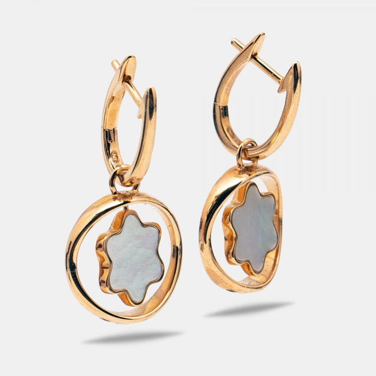 Pre Owned Montblanc Signet Rotating Emblem Mother of Pearl 18k Rose Gold Earrings 