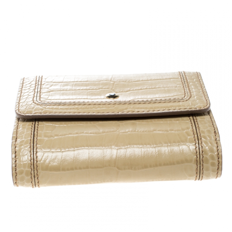 Pre Owned Montblanc Beige Croc Embossed Leather French Wallet