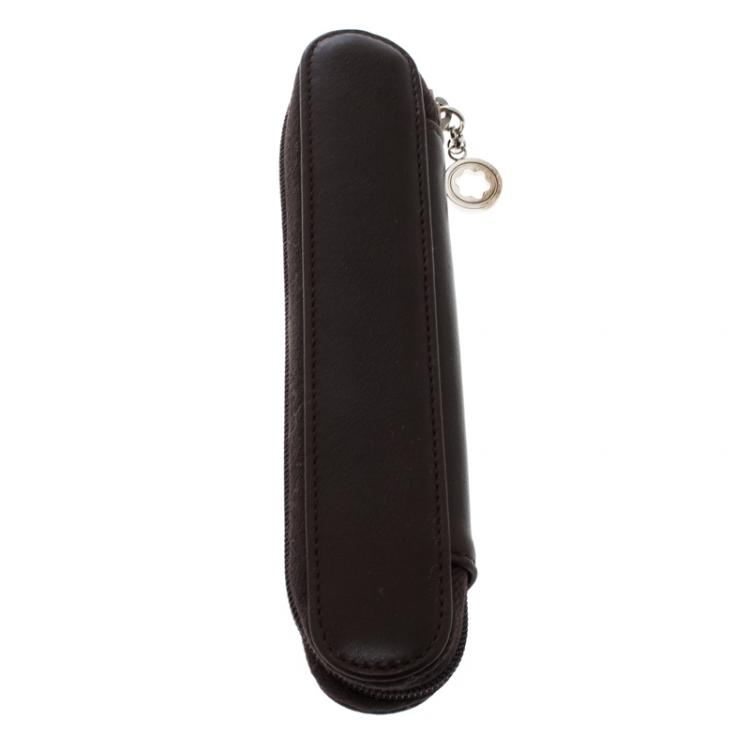 Pre Owned Montblanc Choco Brown Leather Single Zip Pen Pouch