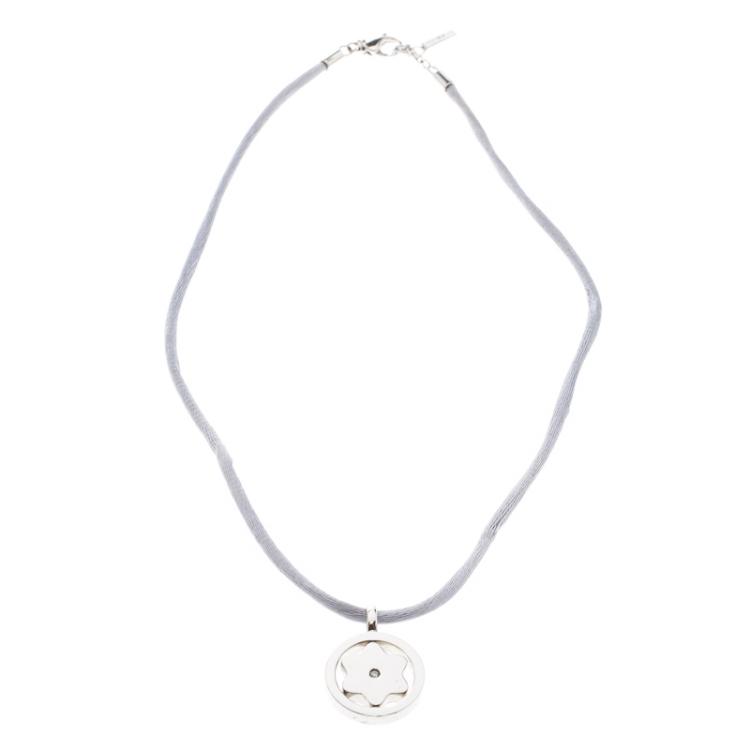 Pre Owned Montblanc Star Collection Diamond Silver Pendant Set of Black & Blue Cord Necklace