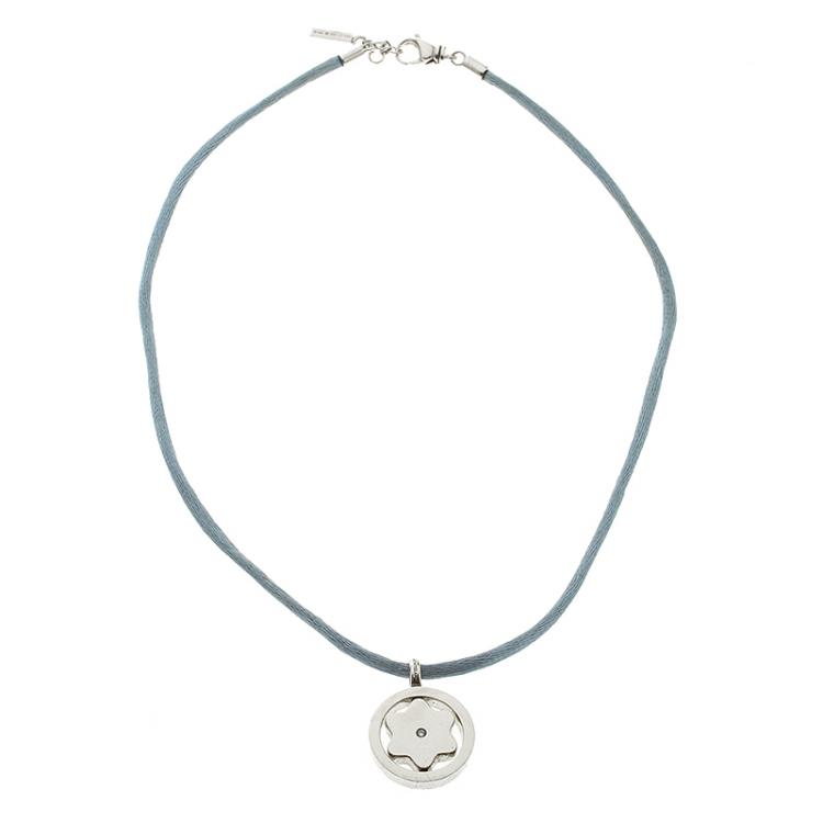 Pre Owned Montblanc Star Collection Diamond Silver Pendant Set of Black & Blue Cord Necklace