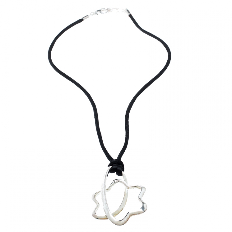 Pre Owned Montblanc Star Signature Silver Pendant & Black Cord Necklace