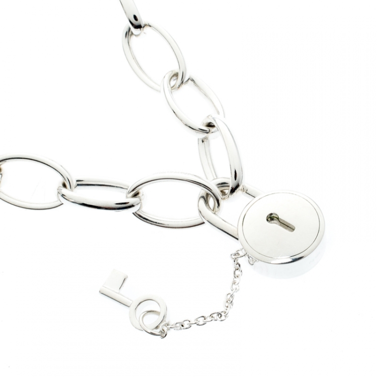 Pre Owned Montblanc Lock & Key Mother of Pearl Silver Chain Link Bracelet