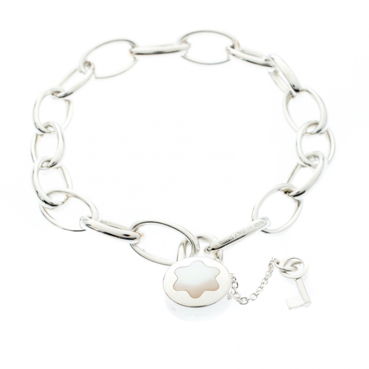 Pre Owned Montblanc Lock & Key Mother of Pearl Silver Chain Link Bracelet