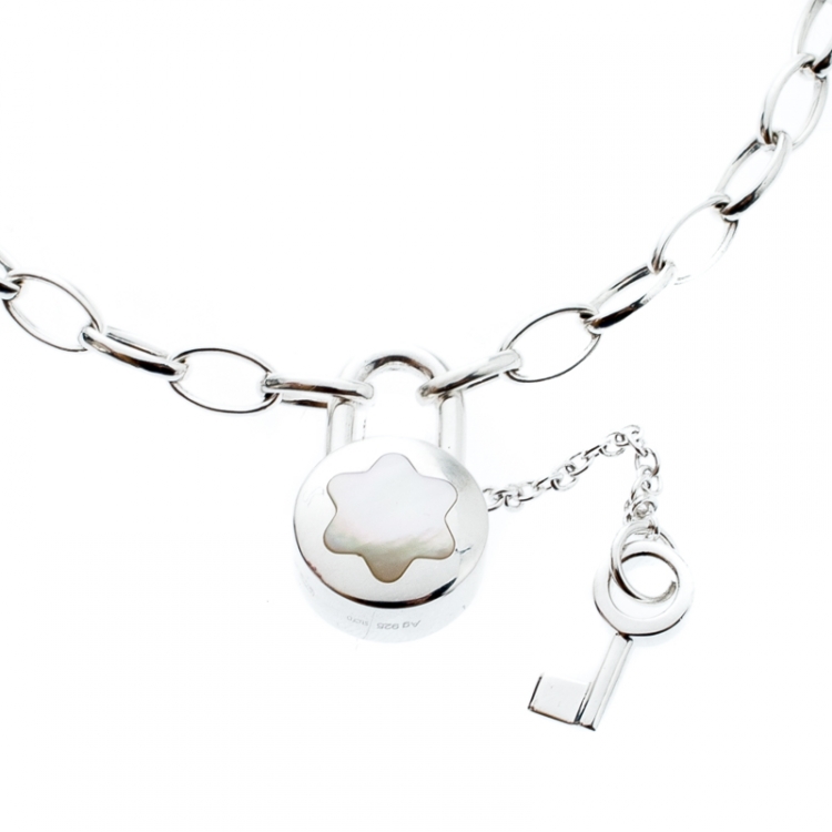 Pre Owned Montblanc Lock & Key Mother of Pearl Silver Chain Link Bracelet