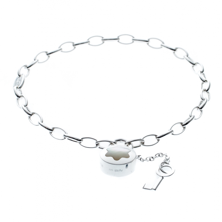 Pre Owned Montblanc Lock & Key Mother of Pearl Silver Chain Link Bracelet