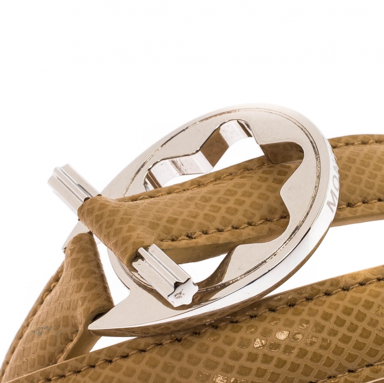 Pre Owned Montblanc Star Collection Hold Me Tight Beige Leather & Silver Wrap Around Toggle Bracelet 
