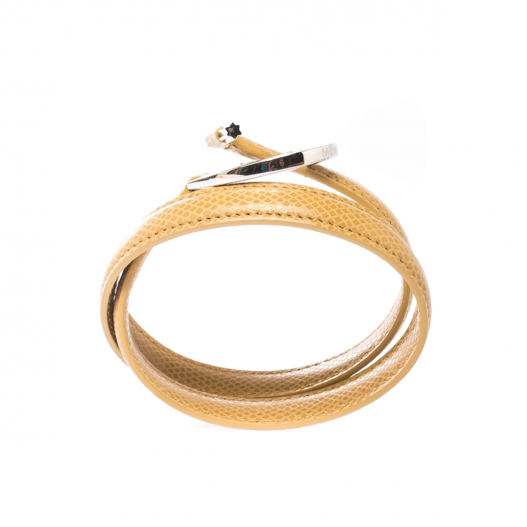 Pre Owned Montblanc Star Collection Hold Me Tight Beige Leather & Silver Wrap Around Toggle Bracelet 