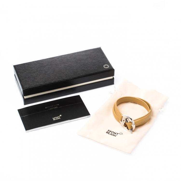 Pre Owned Montblanc Star Collection Hold Me Tight Beige Leather & Silver Wrap Around Toggle Bracelet 