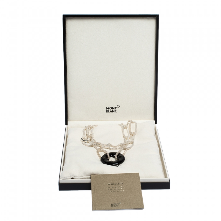 Pre Owned Montblanc Star Collection Onyx & Silver Chain Link Long Necklace