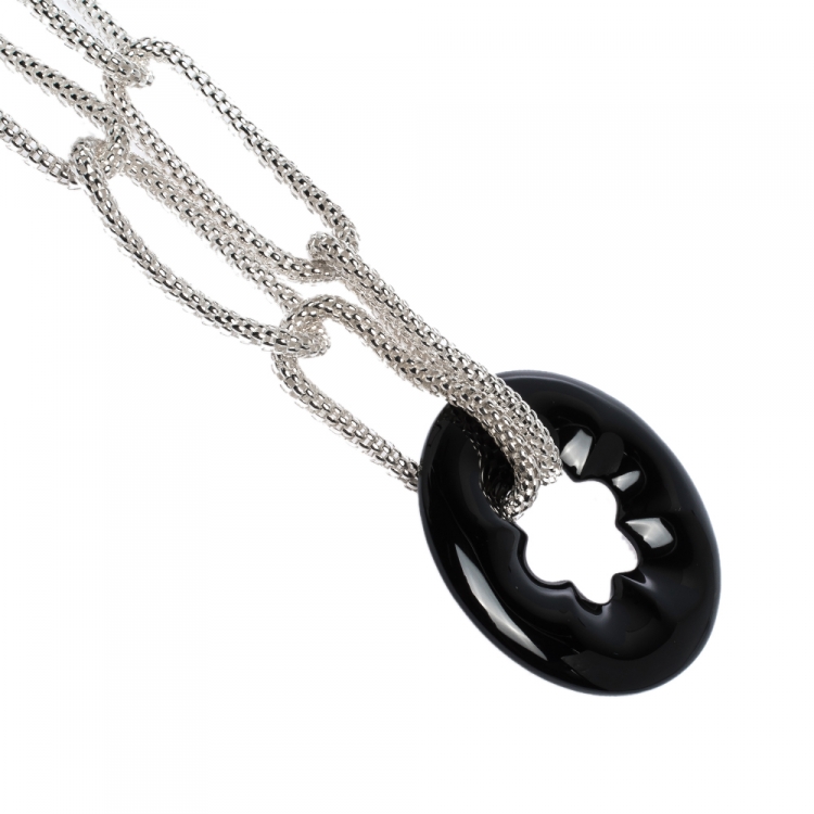 Pre Owned Montblanc Star Collection Onyx & Silver Chain Link Long Necklace