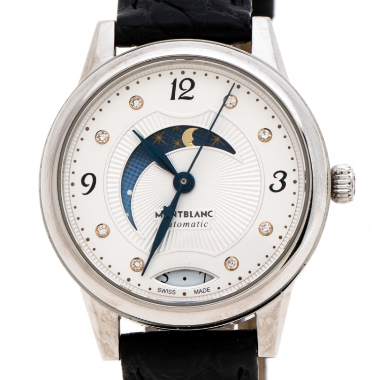 Pre Owned Montblanc White Stainless Steel Leather Boheme Day & Night 114730 Women's Wristwatch 30 mm