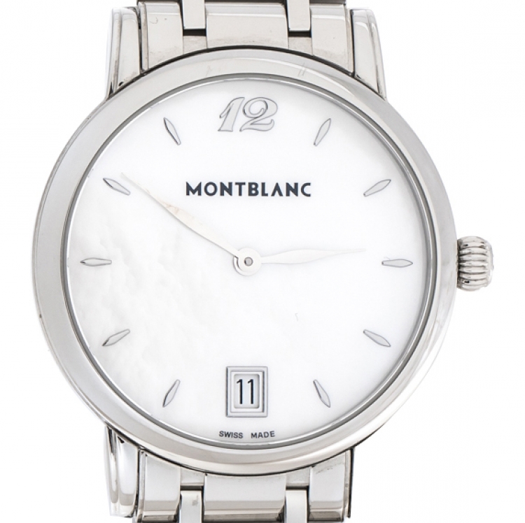 Pre Owned Montblanc White Mother Of Pearl Stainless Steel Star Classique 108764 Women's Wristwatch 34 mm