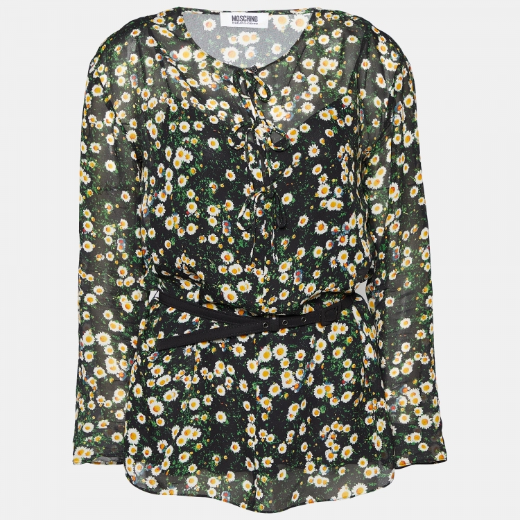 Pre Owned Moschino Cheap and Chic Black Floral Printed Silk Belted Top M