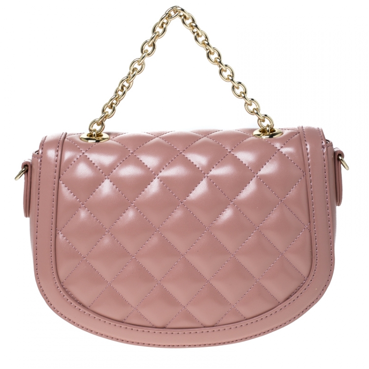 Pre Owned Love Moschino Pink Quilted Faux Leather Crossbody Bag