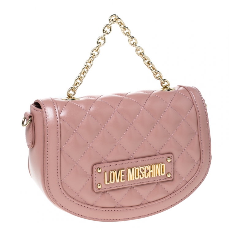Pre Owned Love Moschino Pink Quilted Faux Leather Crossbody Bag