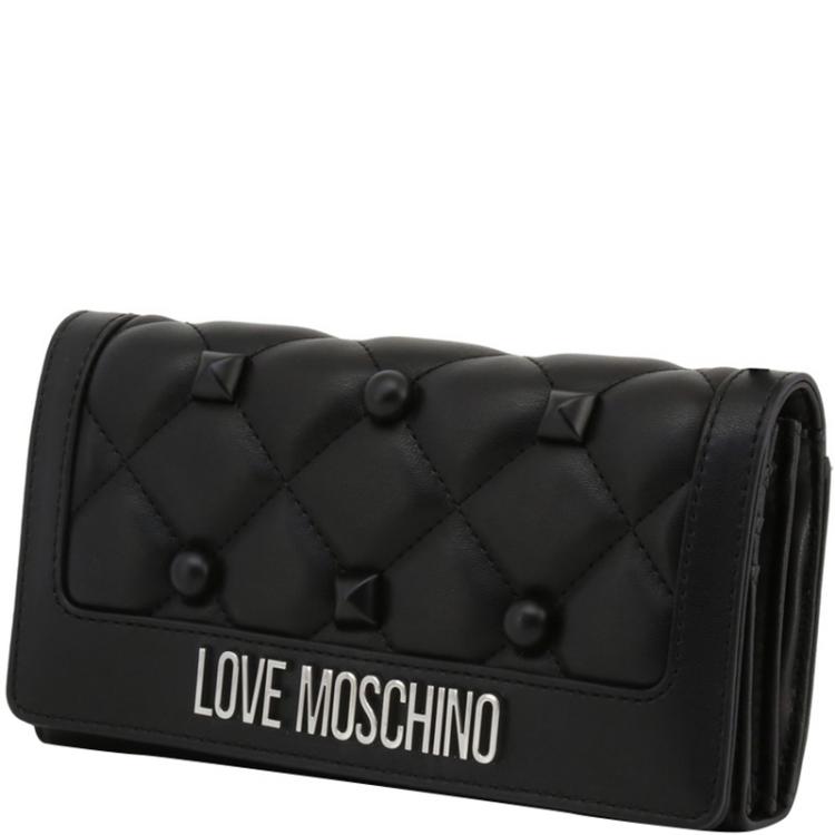 Pre Owned Love Moschino Black Quilted Faux Leather Studded WOC Clutch Bag