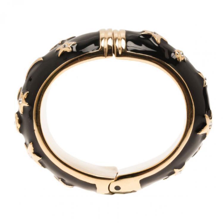 Pre Owned Moschino Moon and Stars Wide Black Bangle 17CM