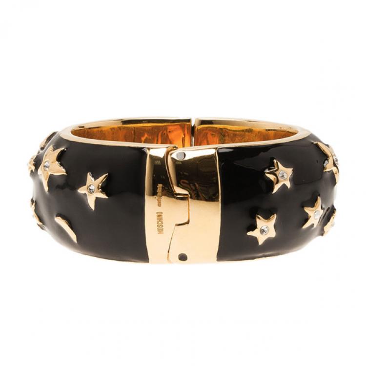 Pre Owned Moschino Moon and Stars Wide Black Bangle 17CM