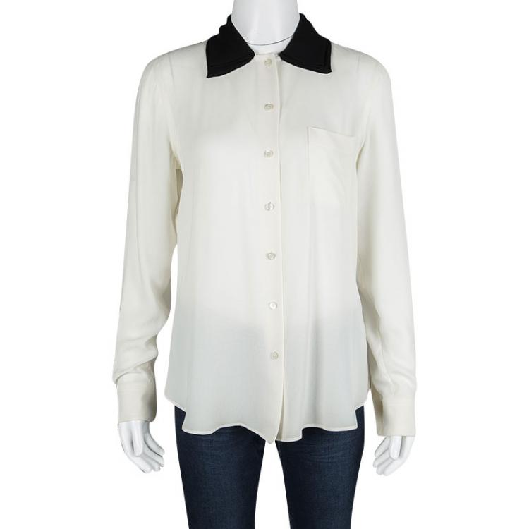 Pre Owned Moschino Cream Silk Contrast Bow Collar Detail Long Sleeve Shirt M