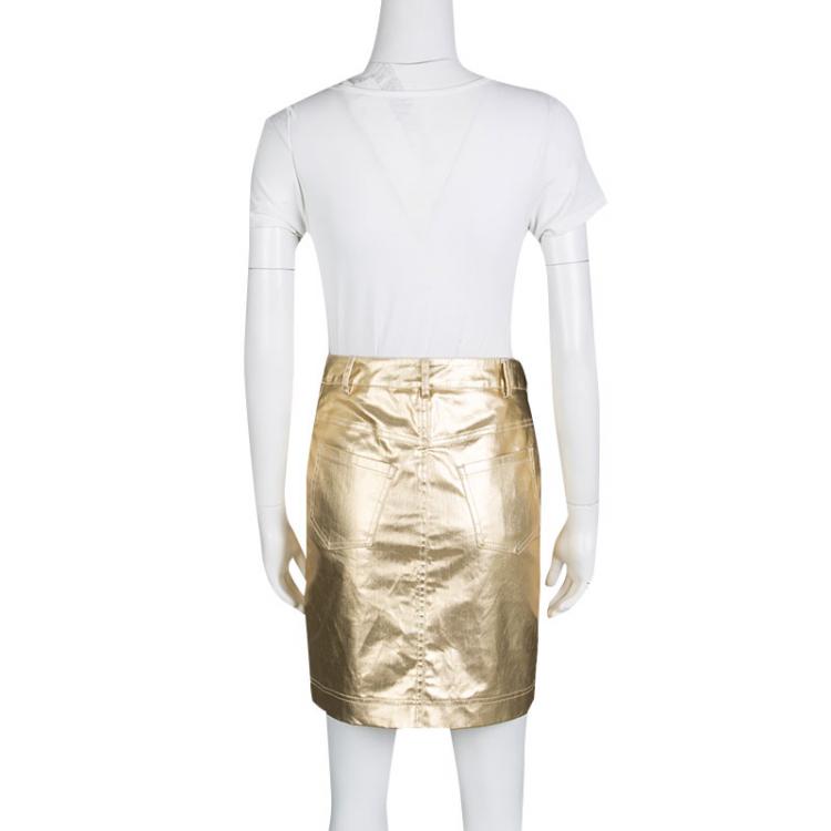 Pre Owned Moschino Couture Gold Foil Coated Denim Skirt S