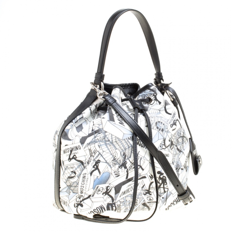 Pre Owned Moschino White Printed PVC Sketch Drawstring Hobo