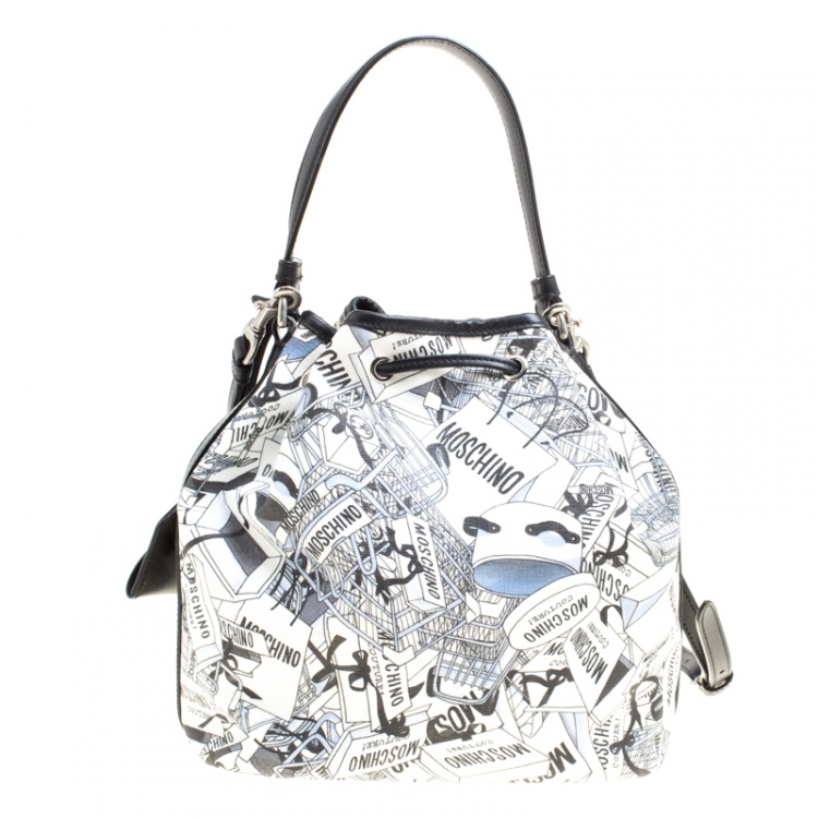 Pre Owned Moschino White Printed PVC Sketch Drawstring Hobo