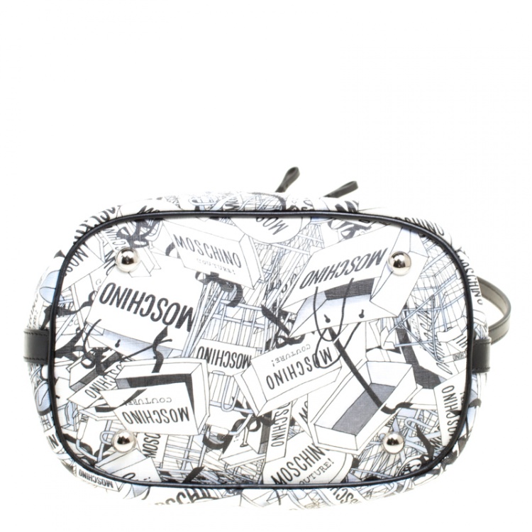Pre Owned Moschino White Printed PVC Sketch Drawstring Hobo