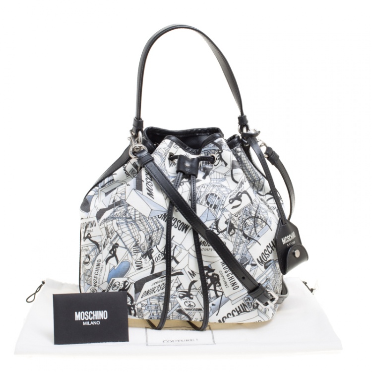 Pre Owned Moschino White Printed PVC Sketch Drawstring Hobo