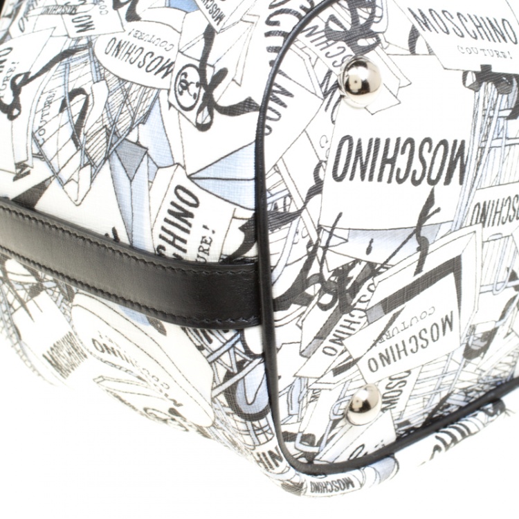 Pre Owned Moschino White Printed PVC Sketch Drawstring Hobo