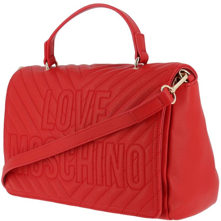 Pre Owned Love Moschino Red Quilted Leather Logo Top Handle Bag