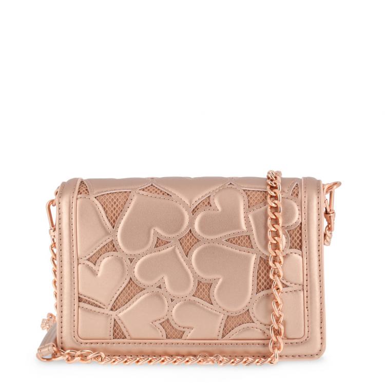 Pre Owned Love Moschino Metallic Pink Leather/Mesh Cut Out Heart Chain Flap Bag