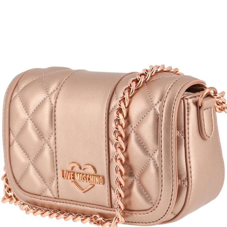 Pre Owned Love Moschino Metallic Pink Quilted Leather Chain Flap Bag