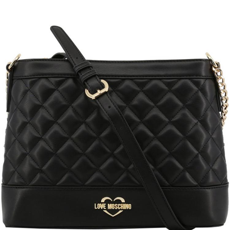 Pre Owned Love Moschino Black Quilted Leather Bucket Chain Shoulder Bag