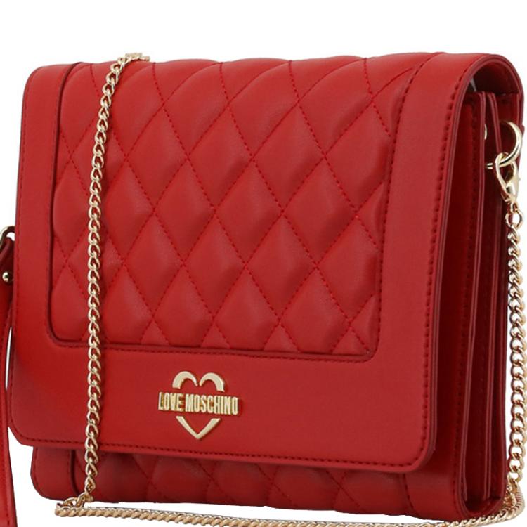 Pre Owned Love Moschino Red Quilted Leather Wristlet Chain Clutch Bag