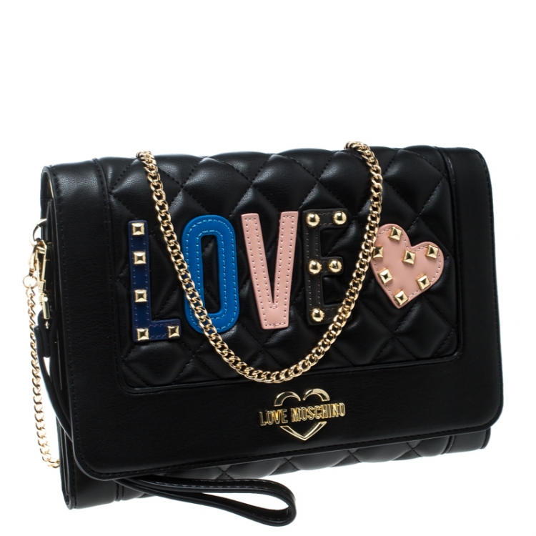 Pre Owned Love Moschino Black Quilted Synthetic Leather Love Chain Flap Shoulder Bag